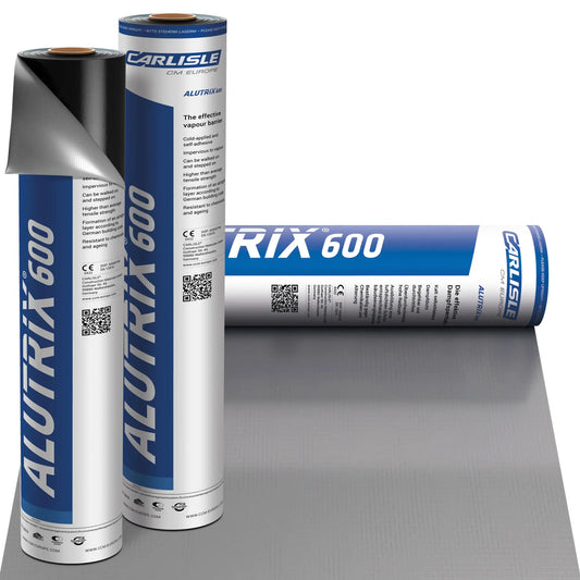 Three rolls of Carlisle Alutrix 600 vapour barrier for flat roofs with one roll, rolled out displaying the texture and colour of the roll