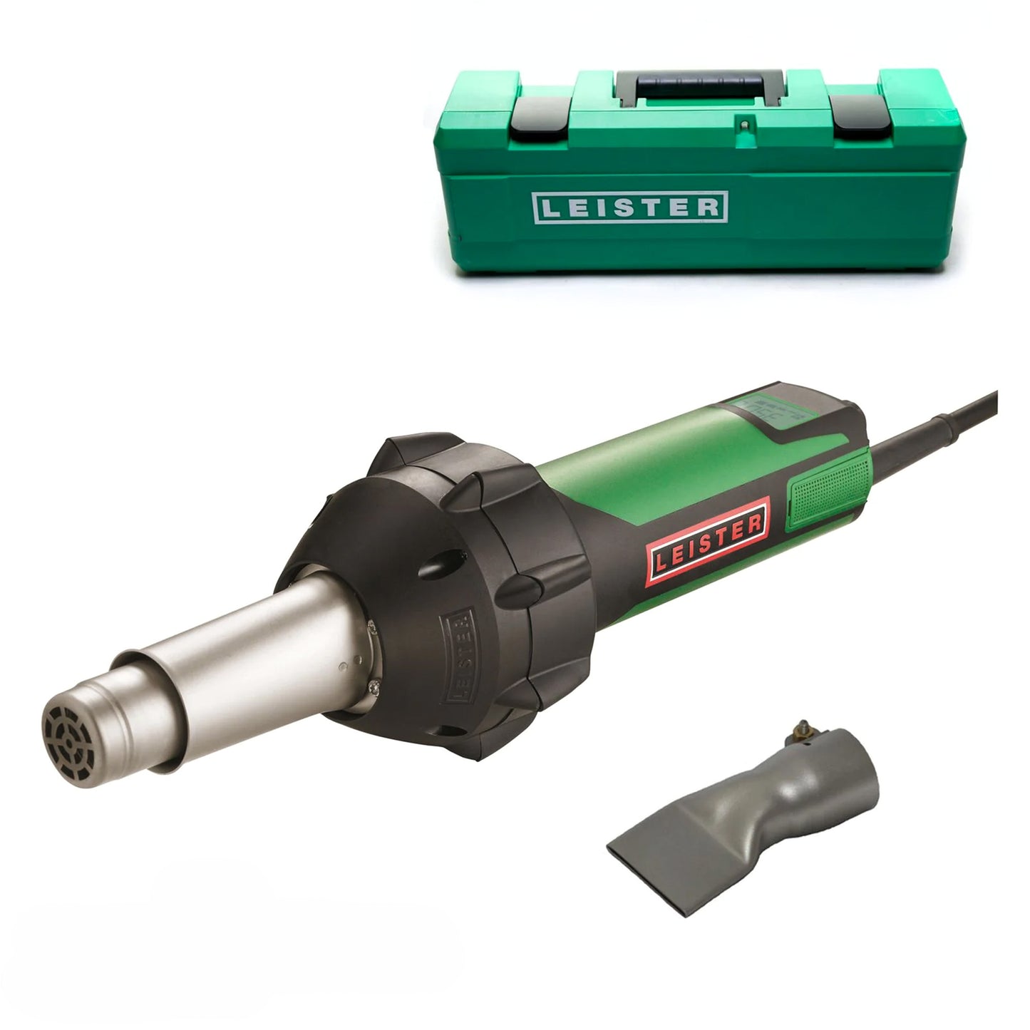 leister triac st pro heat gun with carry case and angled nozzle on a white background