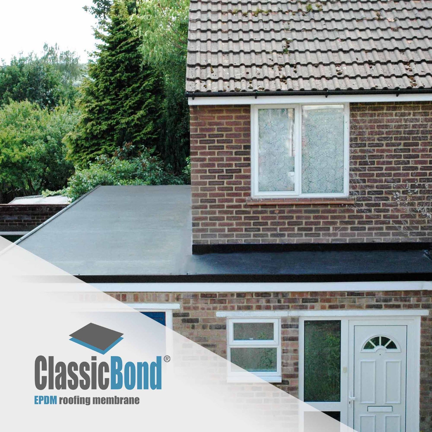 ClassicBond EPDM rubber roofing membrane installed on a house extension flat roof