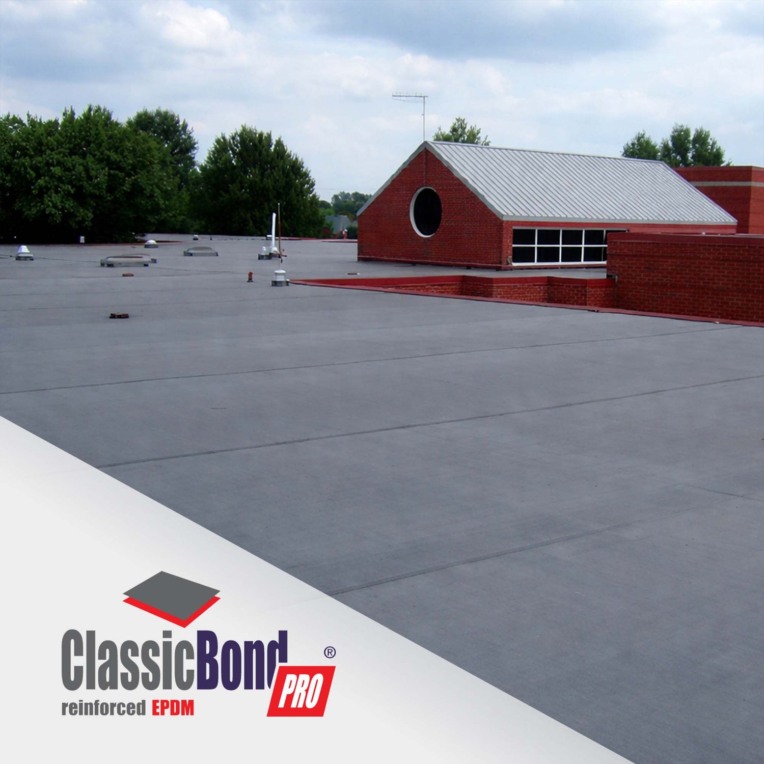 classicbond pro epdm flat roofing system installed on a commercial flat roof with classicbond pro logo overlay