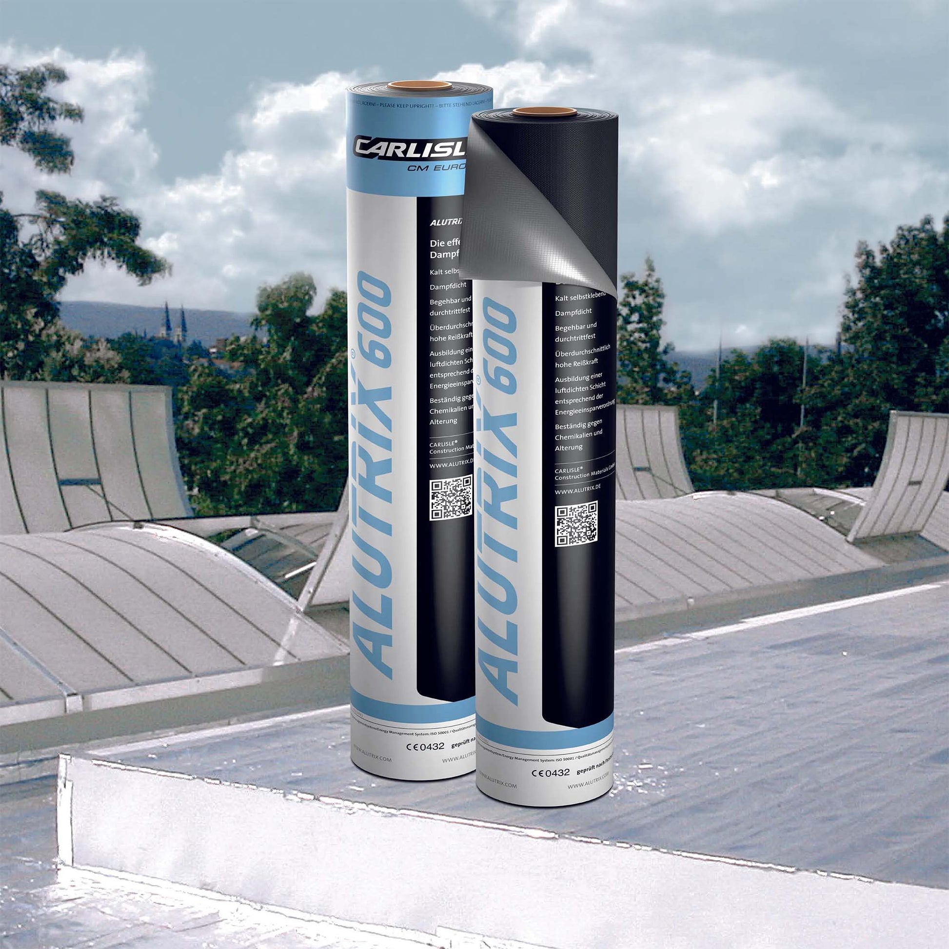 Two rolls of alutrix 600 self-adhesive vapour barrier for flat roofs on a roof that has being covered with the vapour barrier