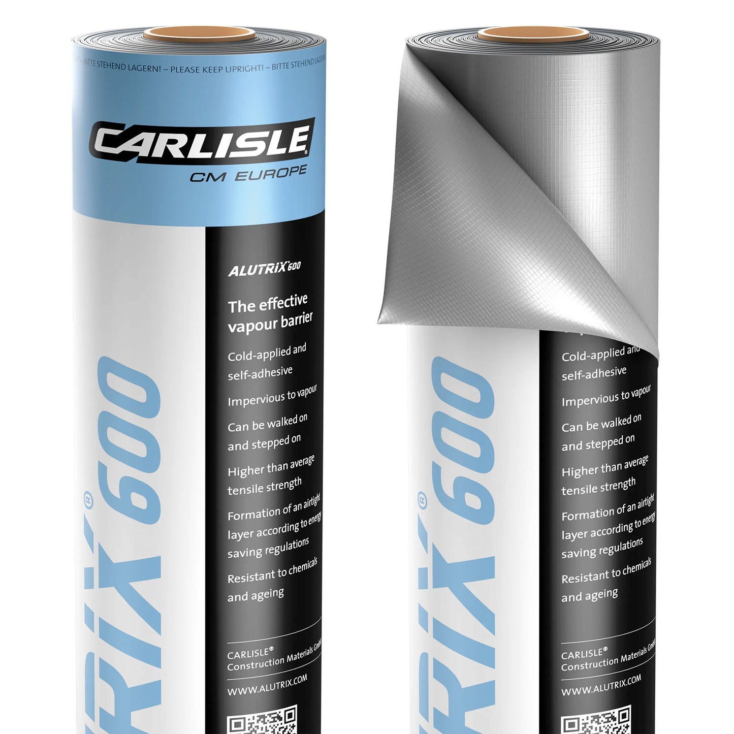 Two rolls of Carlisle ALUTRIX 600 vapour barrier for flat roofs on a white background
