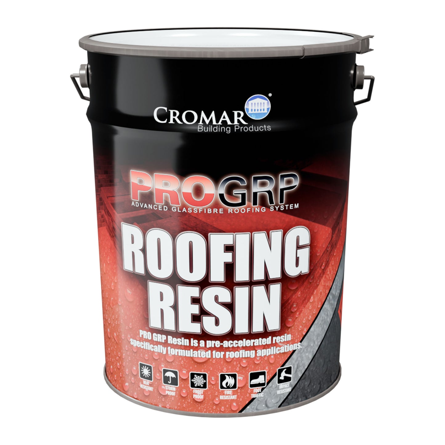 Cromar pro grp fibreglass roofing resin 20kg tin on a white background