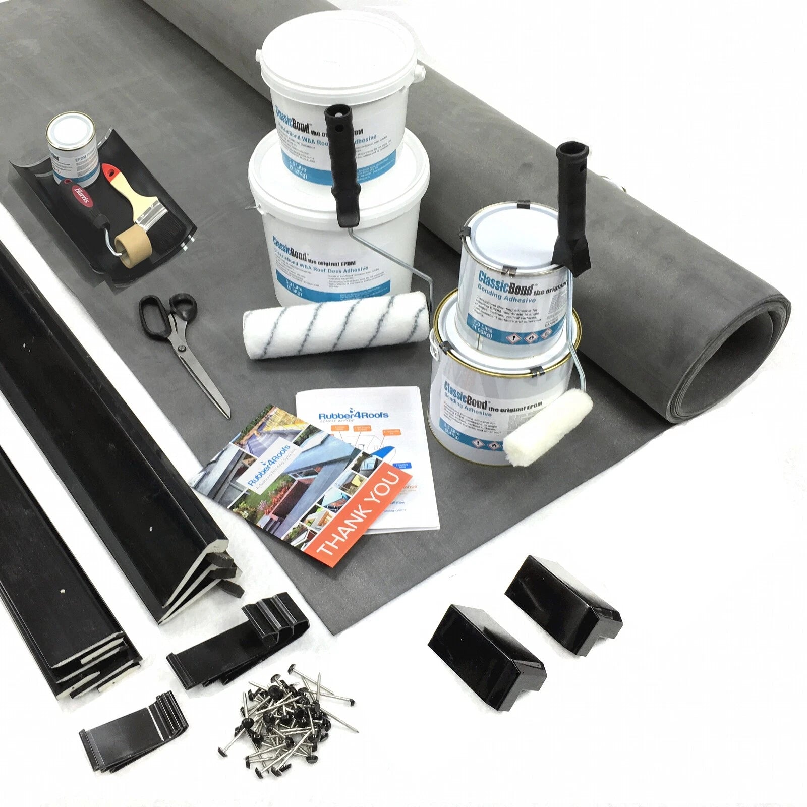Complete rubber roofing kit for a dormer roof installation