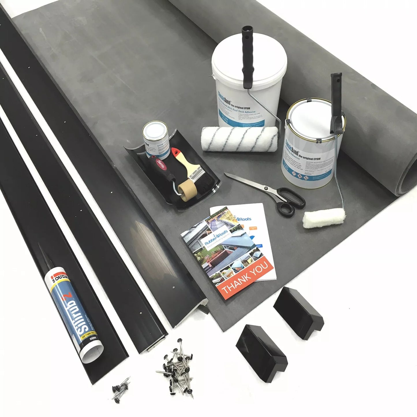 Materials included in the rubber roofing kit for porch roofs
