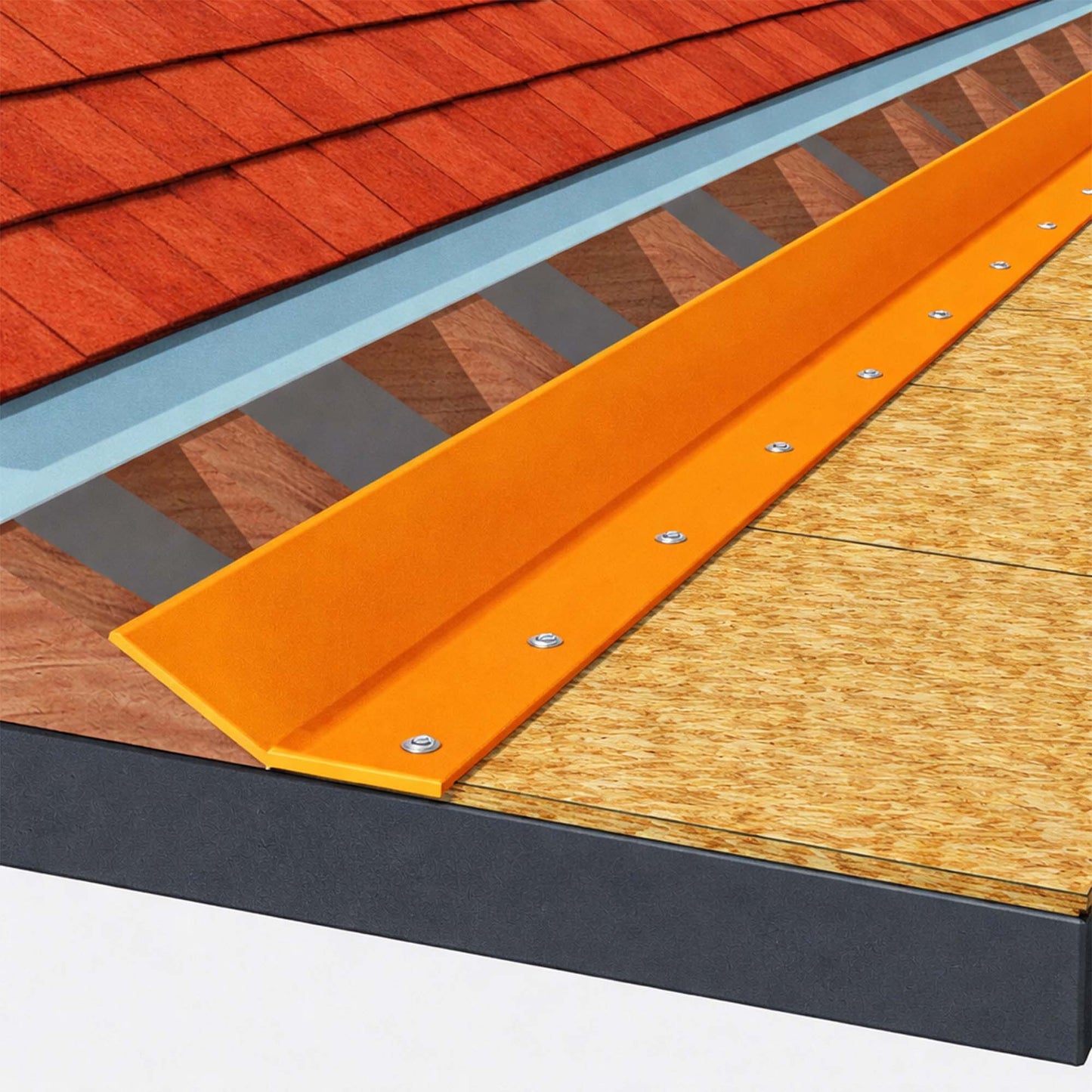 Diagram of a grp flat sheet roll installed along the edge of a flat roof that slopes underneath tiles on a pitched roof