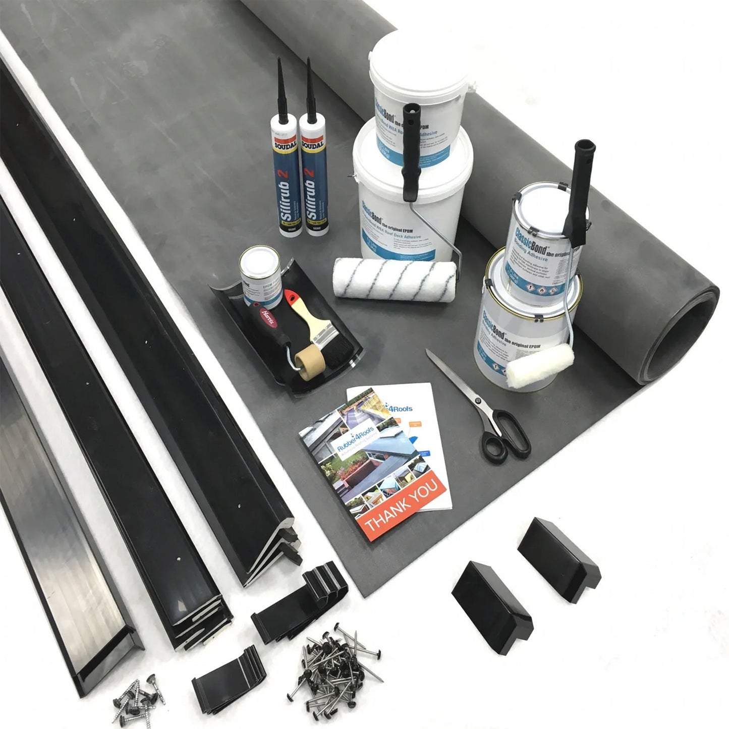 Collection of Materials and Tools That Combined Makes A Complete EPDM Rubber Roofing Kit for Flat Roofs