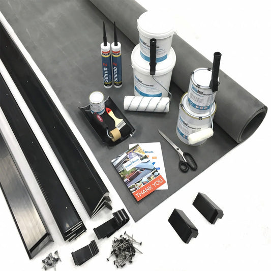 Collection of Materials and Tools That Combined Makes A Complete EPDM Rubber Roofing Kit for Flat Roofs