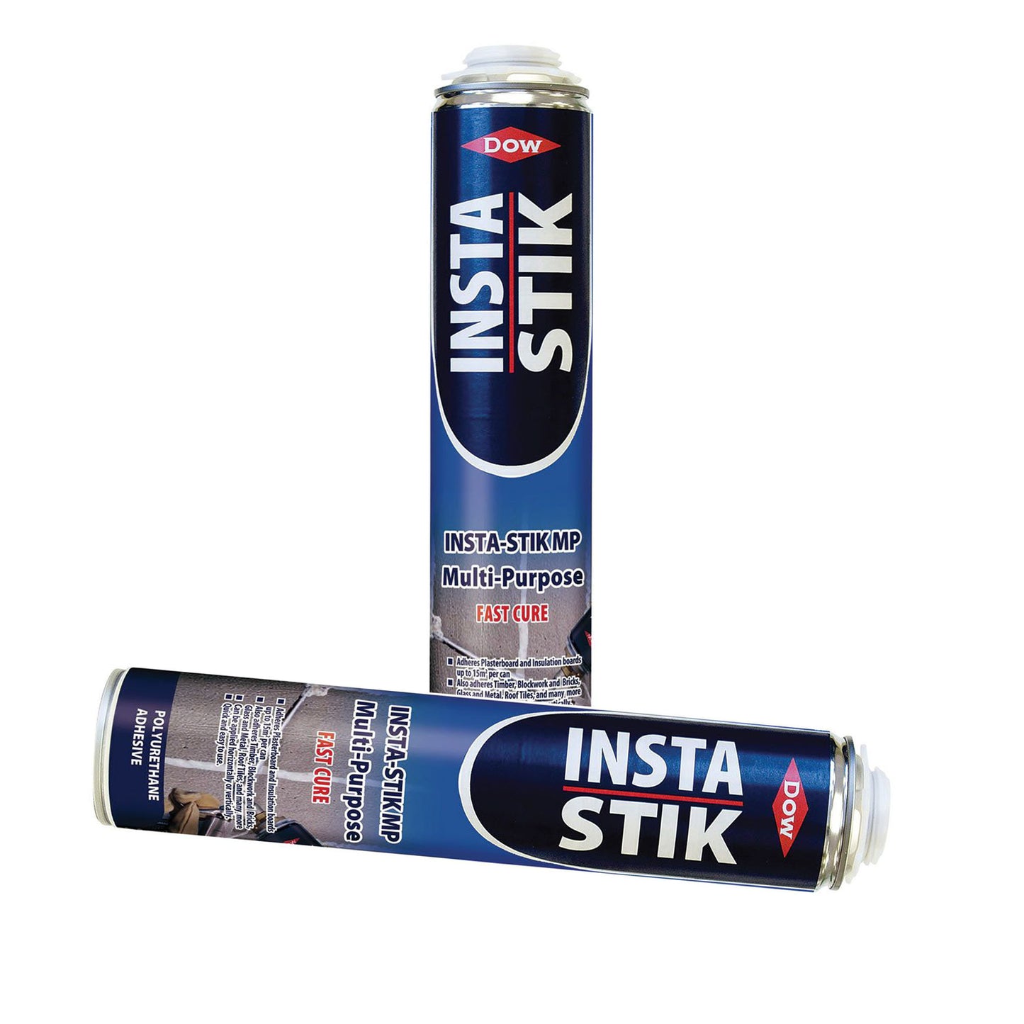 Two cans of Insta Stik multi-purpose fast cure on a white background
