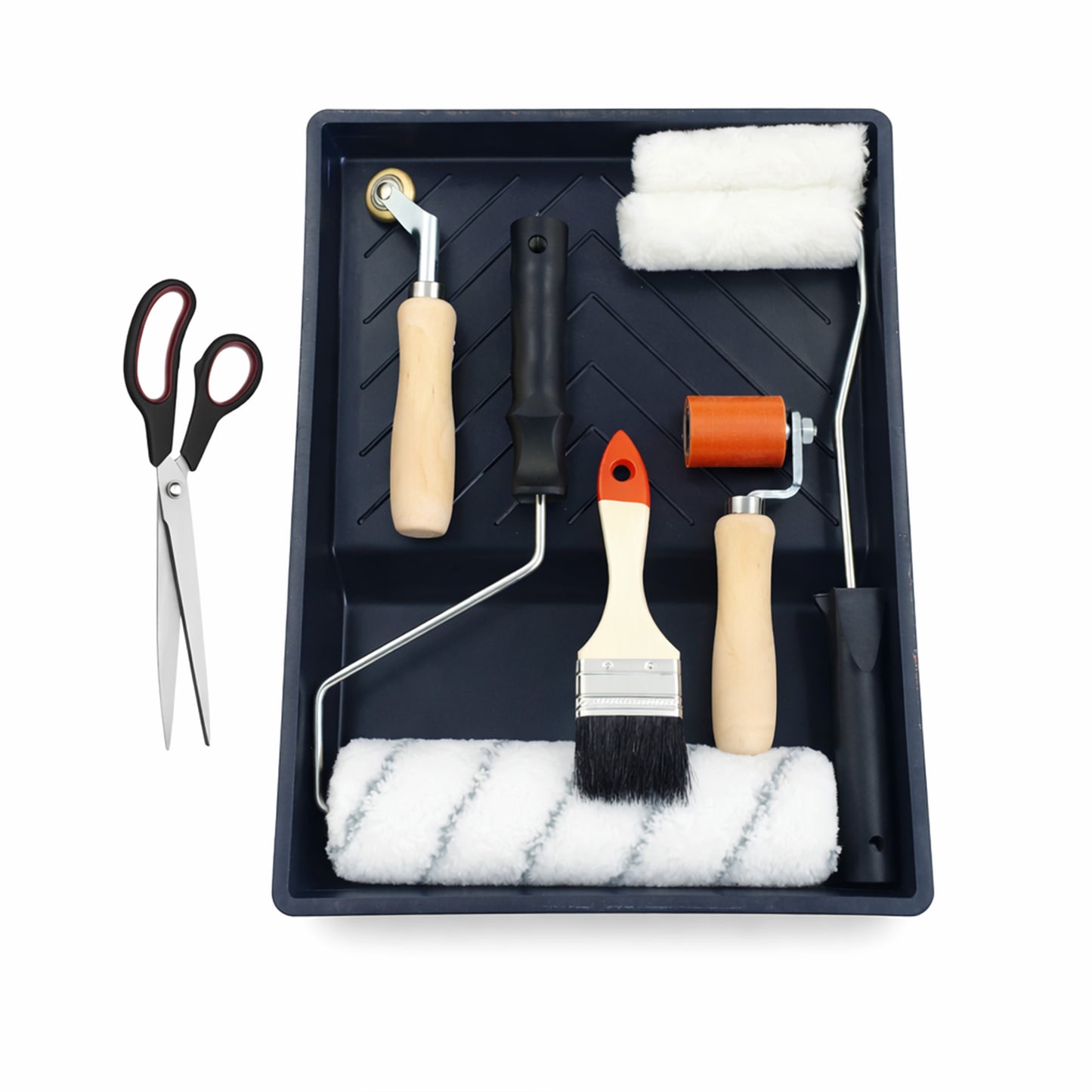 Set of tools for professional epdm contractors including roller and tray, scissors, heavy duty seam roller and penny roller and brush