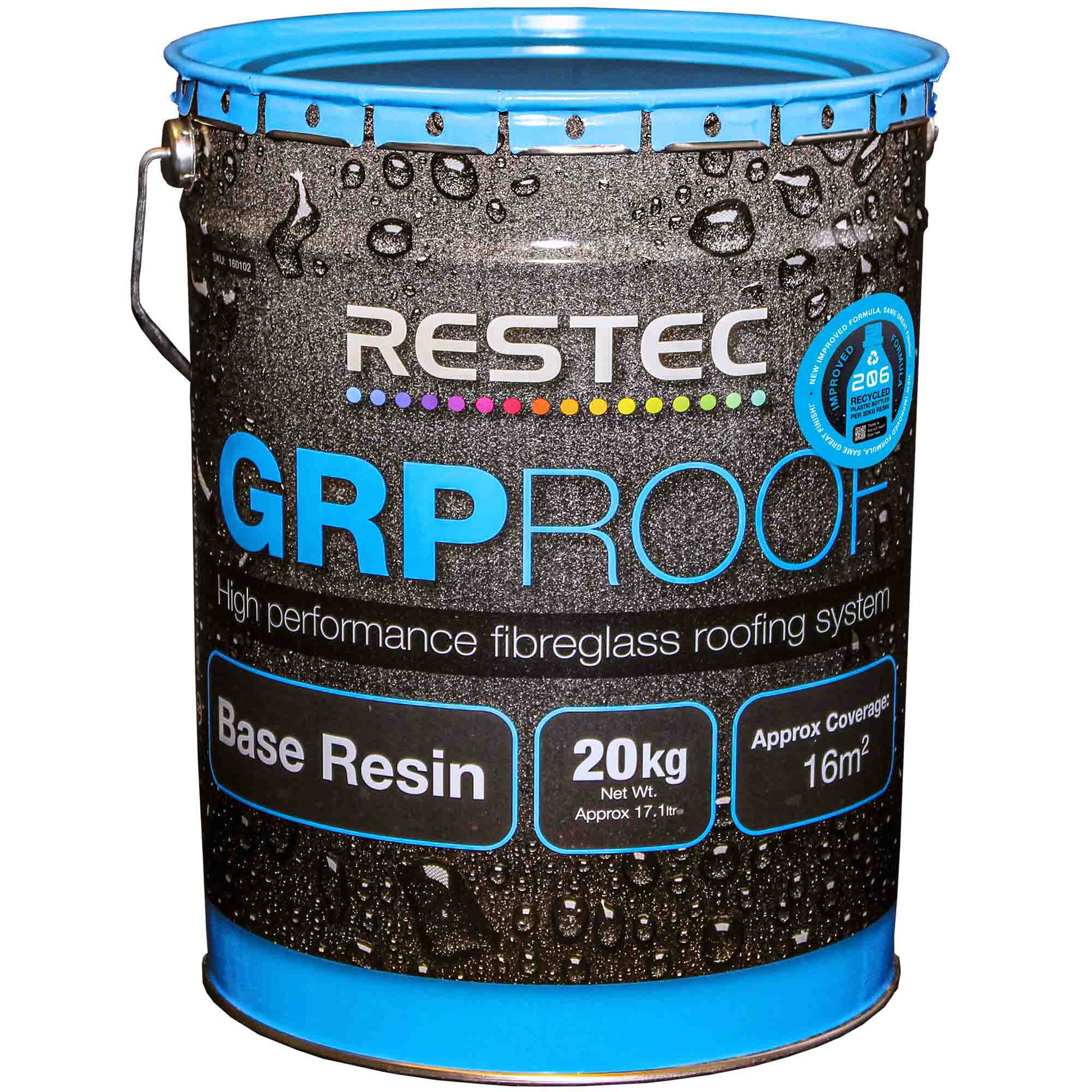 Restec GRP Roof high performance fibreglass roofing system container on a white background
