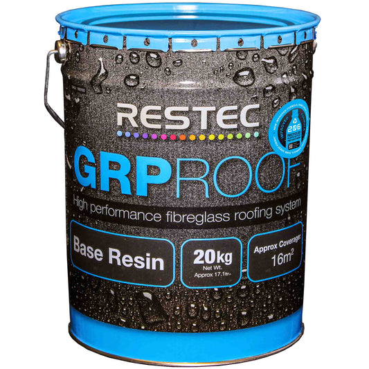 Restec GRP Roof high performance fibreglass roofing system container on a white background