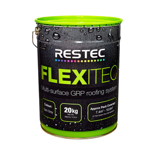 Restec Flexitec multi-surface GRP roofing system container with green lid and label.