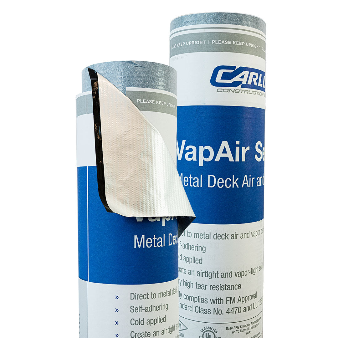 Two rolls of Carlisle VapAir Self-Adhering Air and Vapor Barrier on a white background.