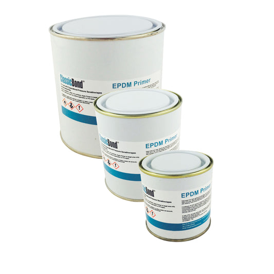 Three cans of ClassicBond EPDM primer for rubber roofing. 250ml, 500ml and 1L sized cans.