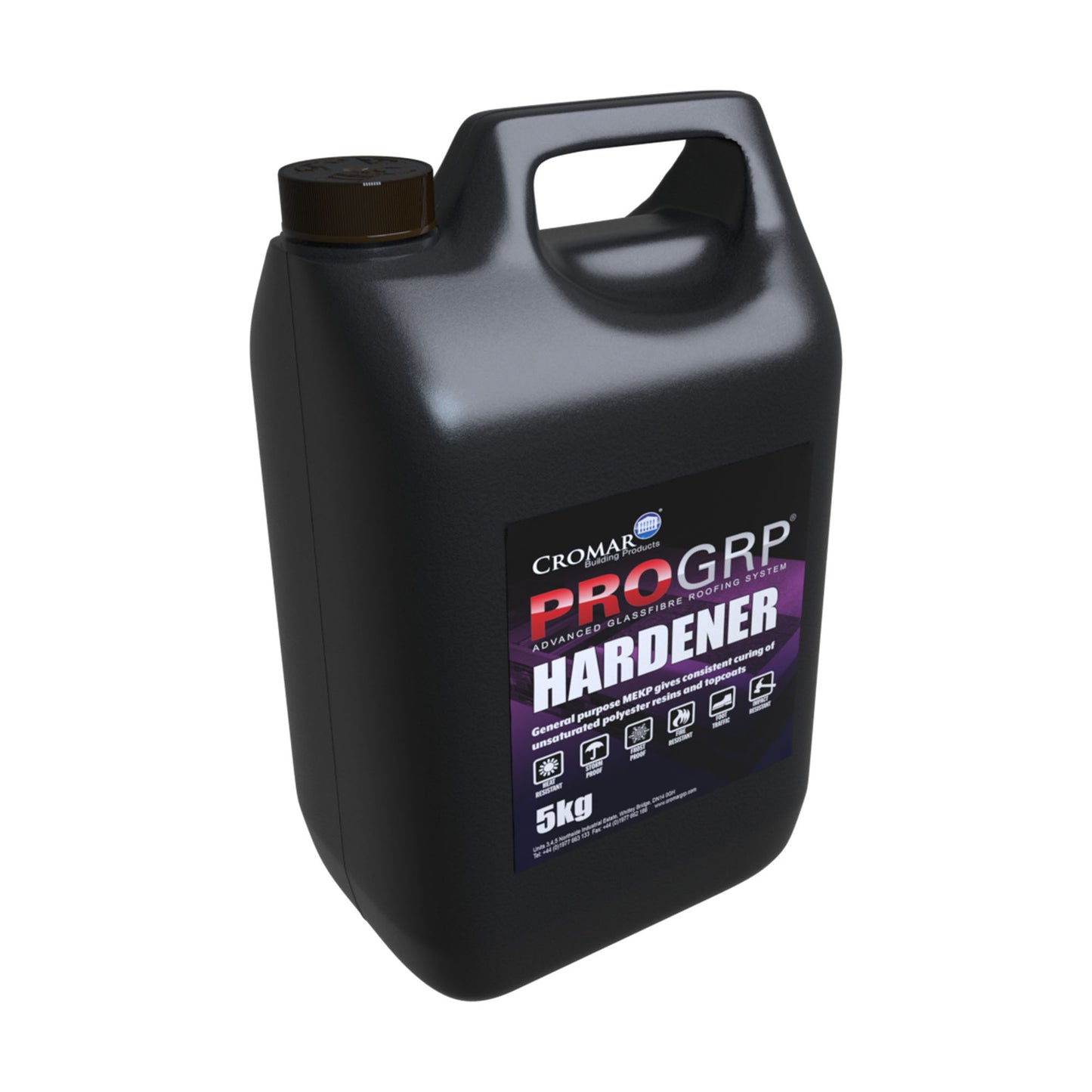 Cromar pro grp fibreglass roofing hardener 5kg tub on a white background