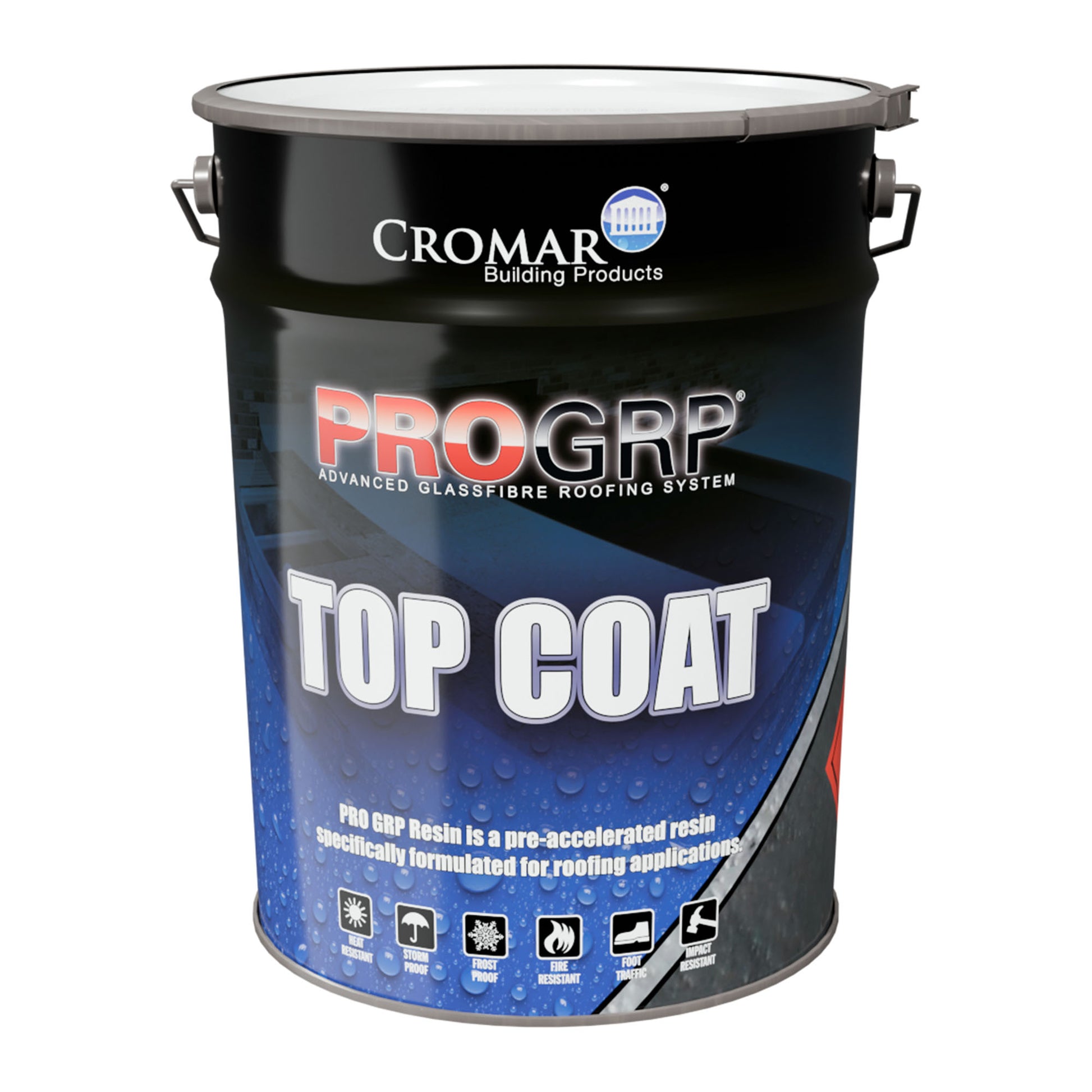 Cromar pro grp fibreglass roofing top coat 20kg tin on a white background