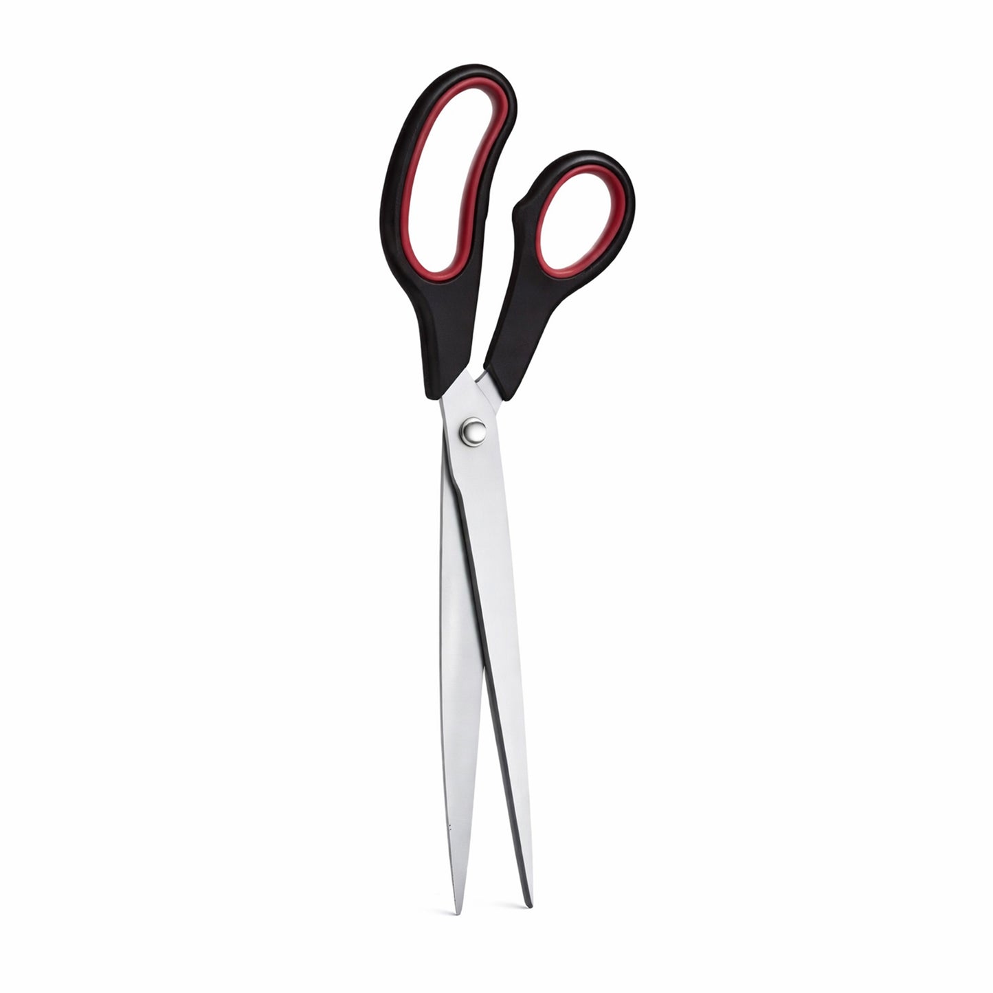 Pair of scissors for cutting epdm rubber with black handles and red accents on a white background