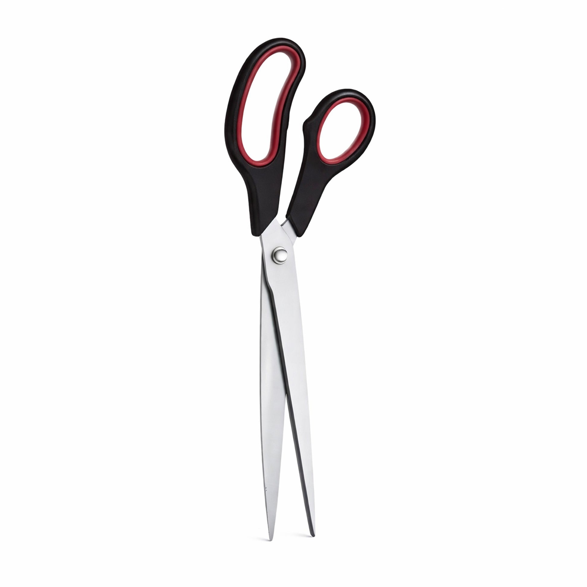 Pair of scissors for cutting epdm rubber with black handles and red accents on a white background