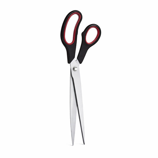 Pair of scissors for cutting epdm rubber with black handles and red accents on a white background