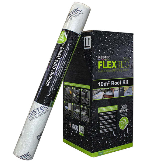 Restec Flexitec roof kit packaging with roll of material on a white background