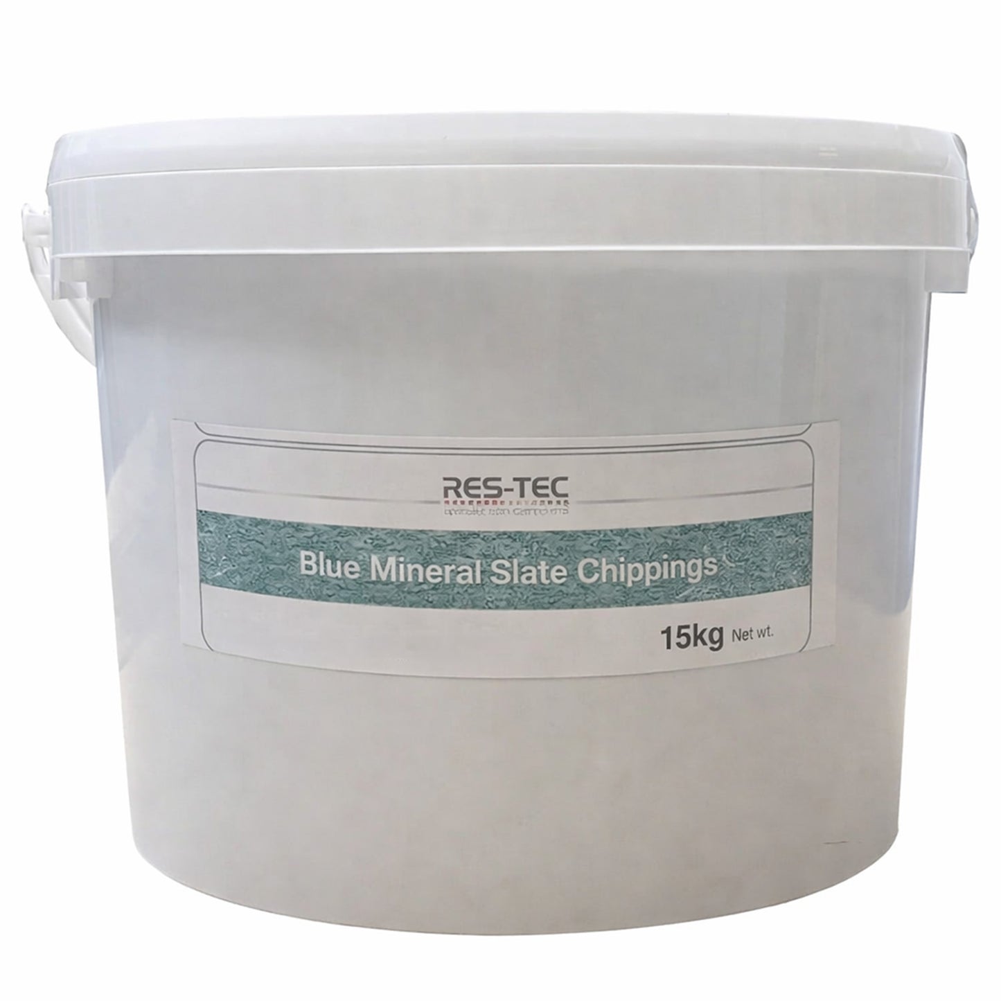 White bucket labeled 'Blue Mineral Slate Chippings' with RES-TEC branding on a white background