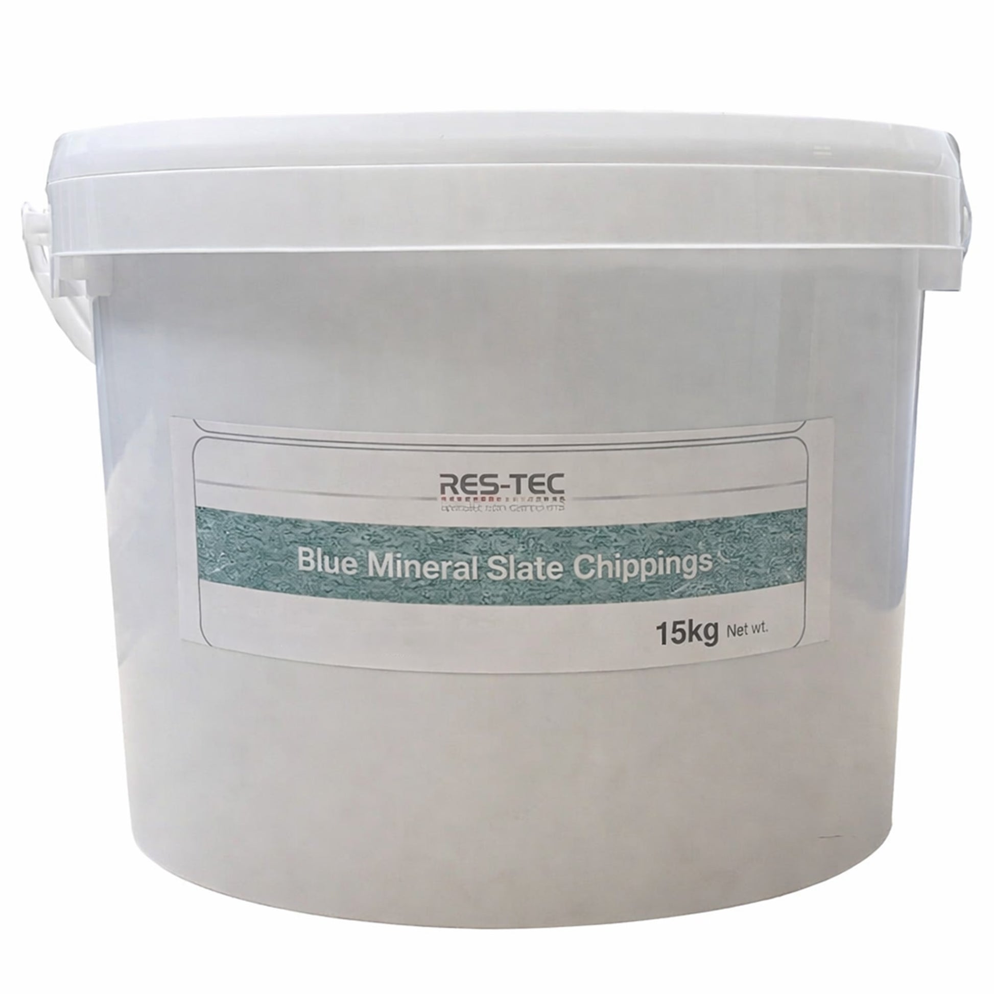 White bucket labeled 'Blue Mineral Slate Chippings' with RES-TEC branding on a white background