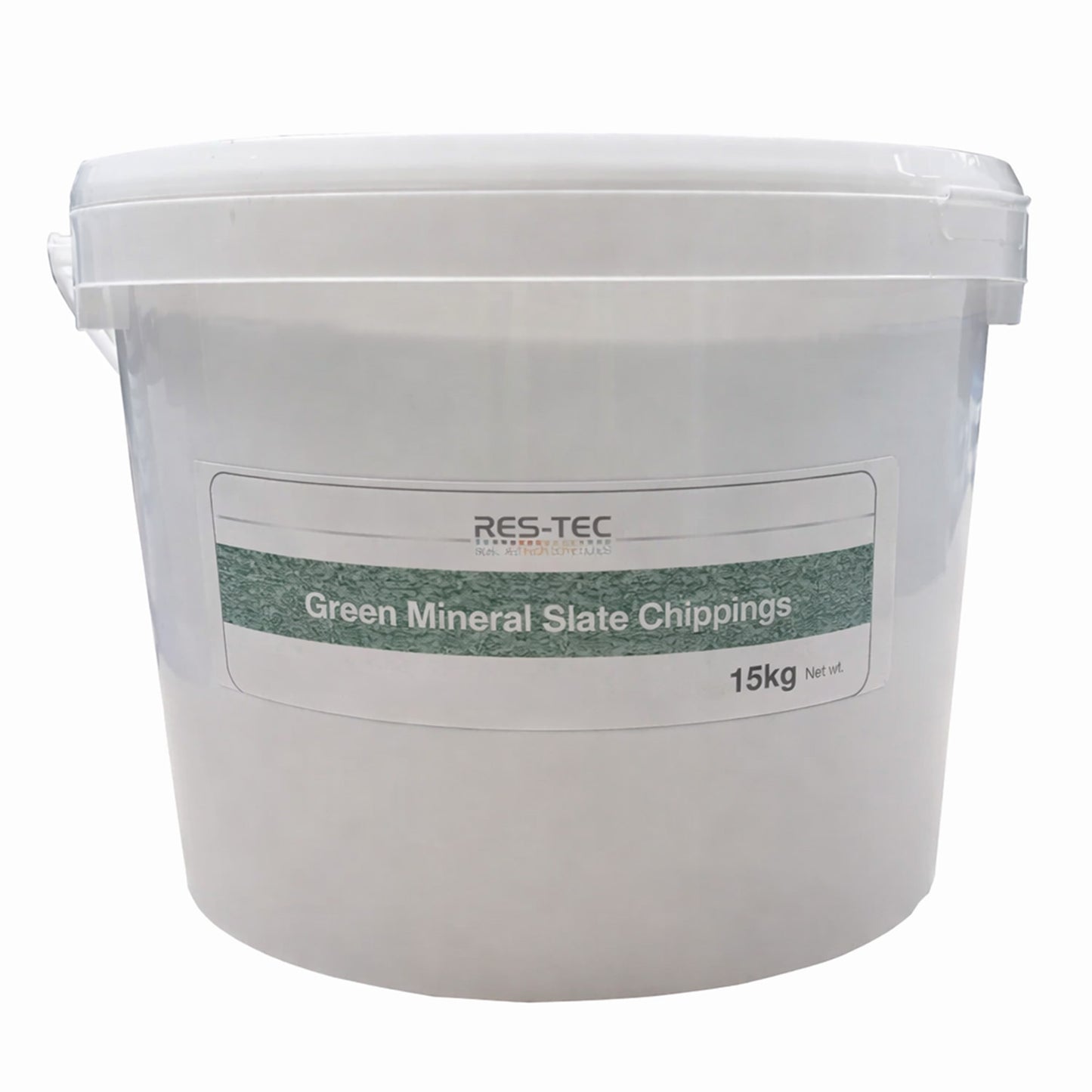 White bucket labeled 'Green Mineral Slate Chippings' by RES-TEC on a white background