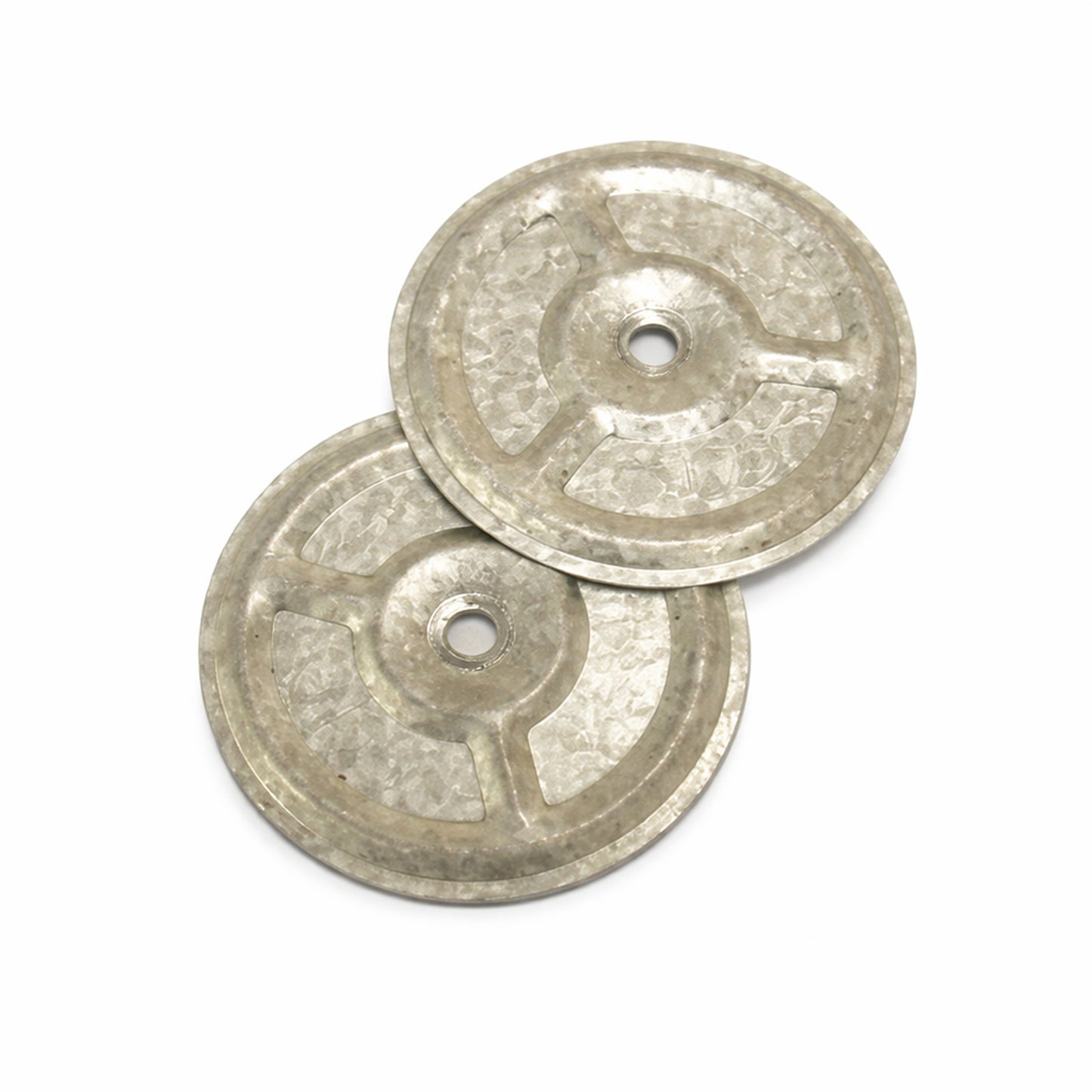 Two metal insulation fixing plates for flat roofing on a white background