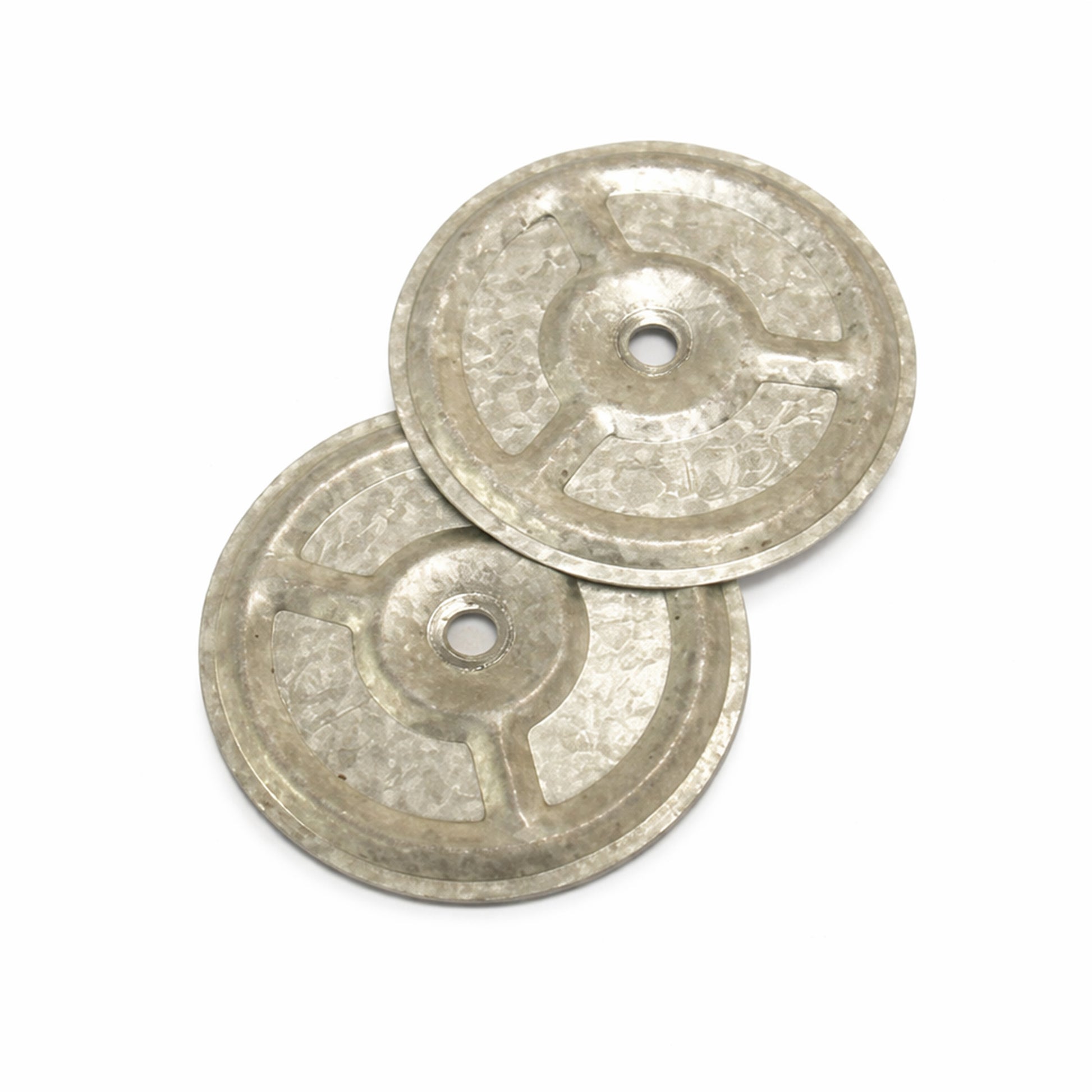 Two metal insulation fixing plates for flat roofing on a white background