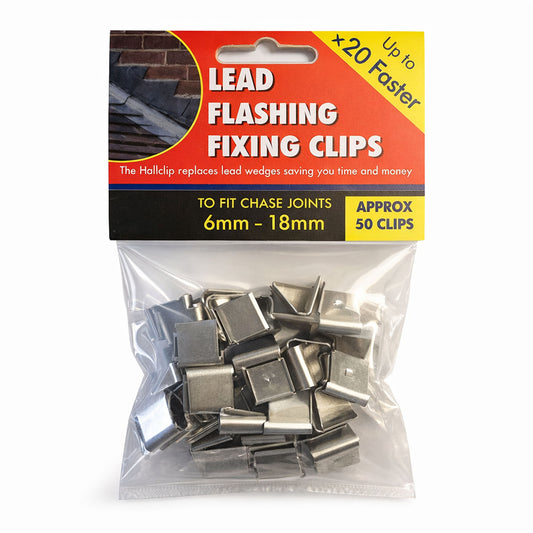Pack of lead flashing fixing clips with packaging on a white background