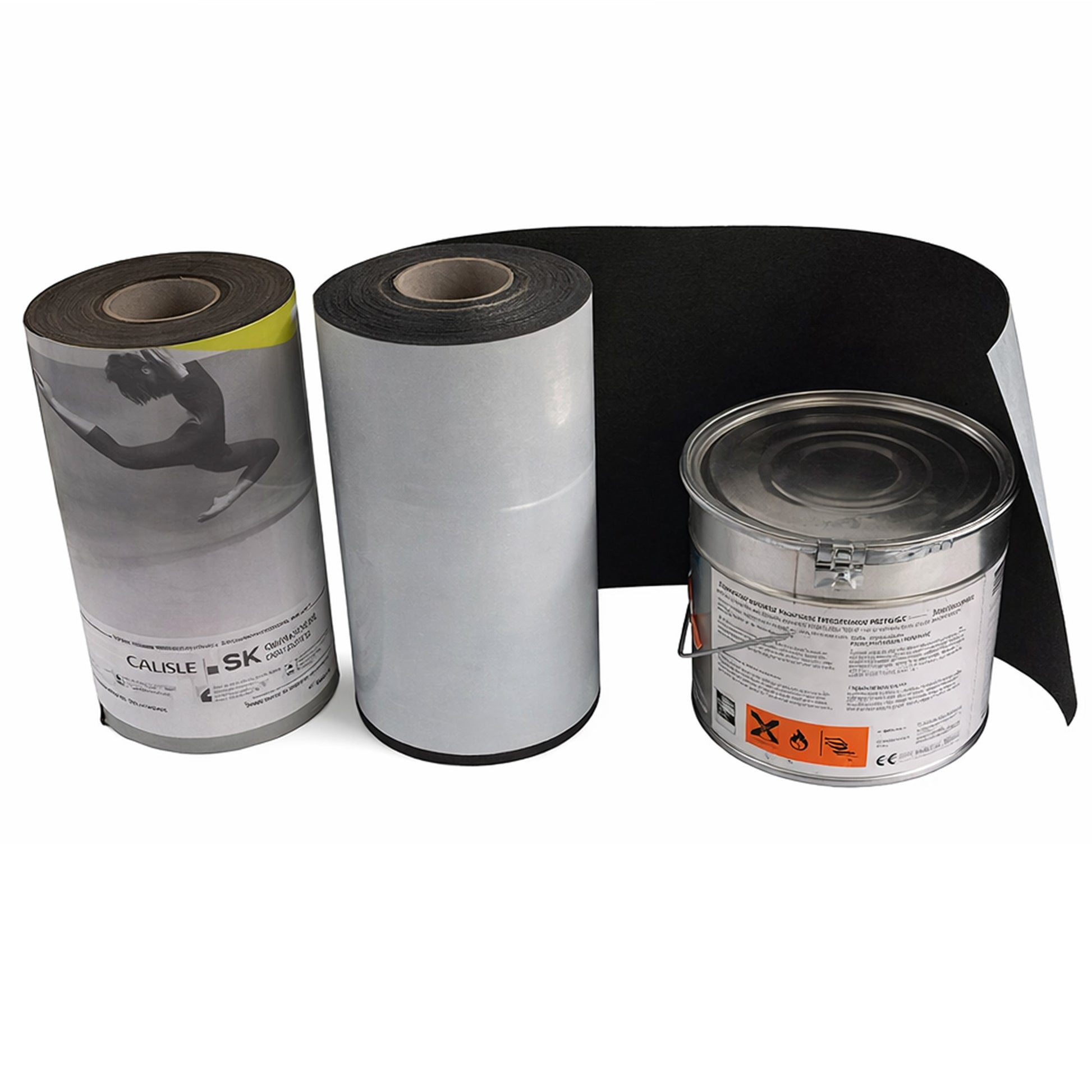 Resitrix EPDM gutter lining kit. Image contains 2x 500mm wide rolls of resitrix skw with a tin of fg35 primer
