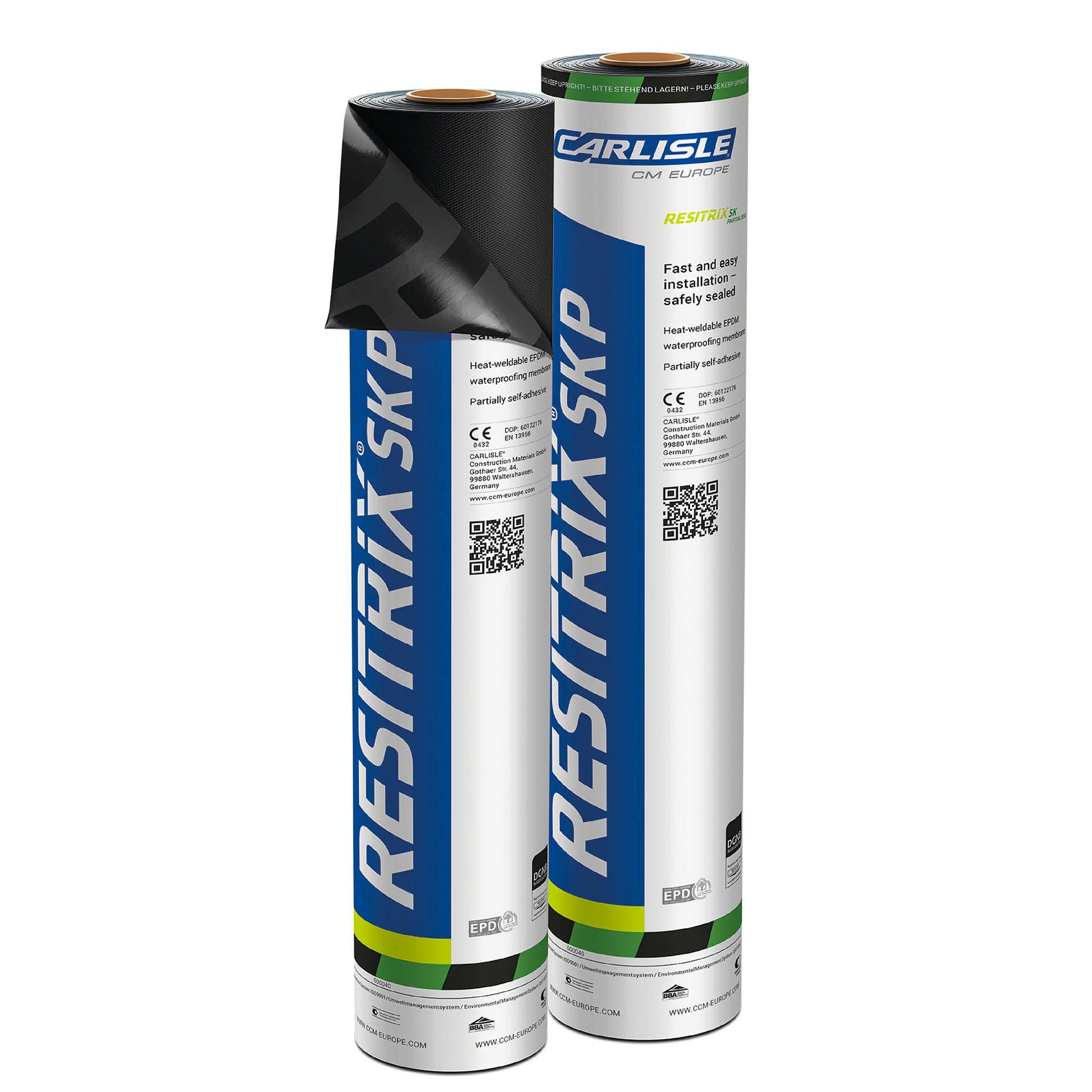 Two rolls of Carlisle Restrix SKP epdm roofing membrane on a white background