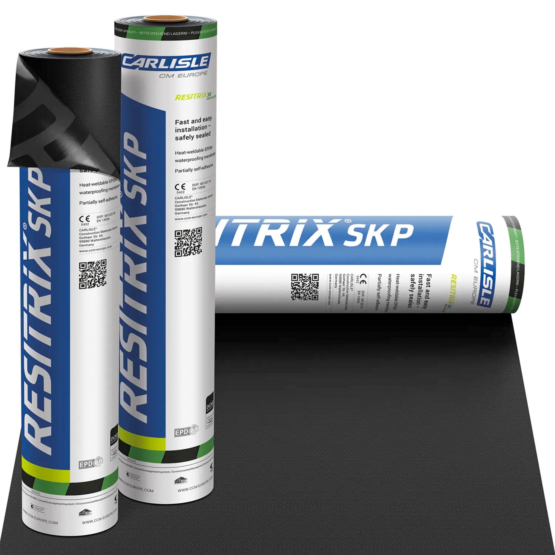 Three rolls of Carlisle Restrix EPDM SKP roofing material on a white background