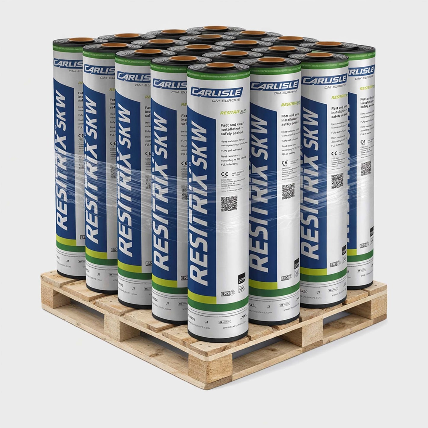 Pallet of Carlisle Resitrix SKW self-adhesive EPDM rolls on a white background