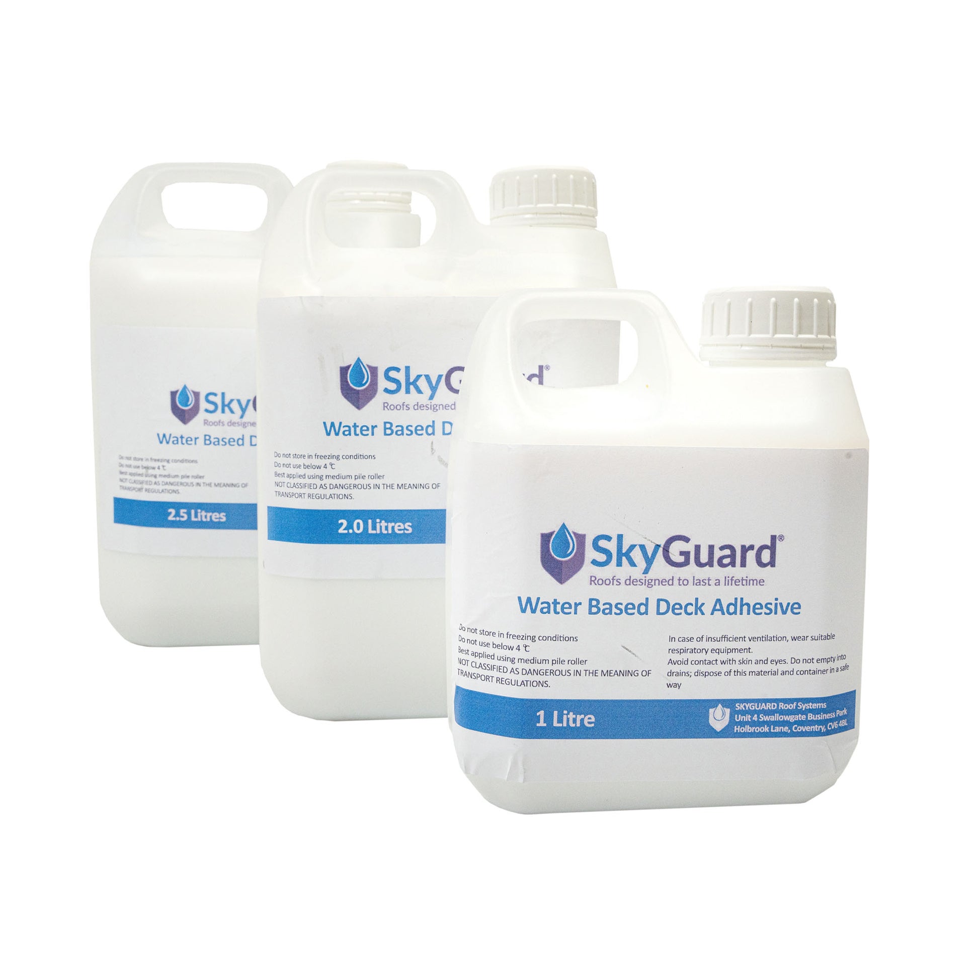 three sizes of skyguard water based deck adhesive for epdm - 1 litre, 2 litre and 2.5 litre