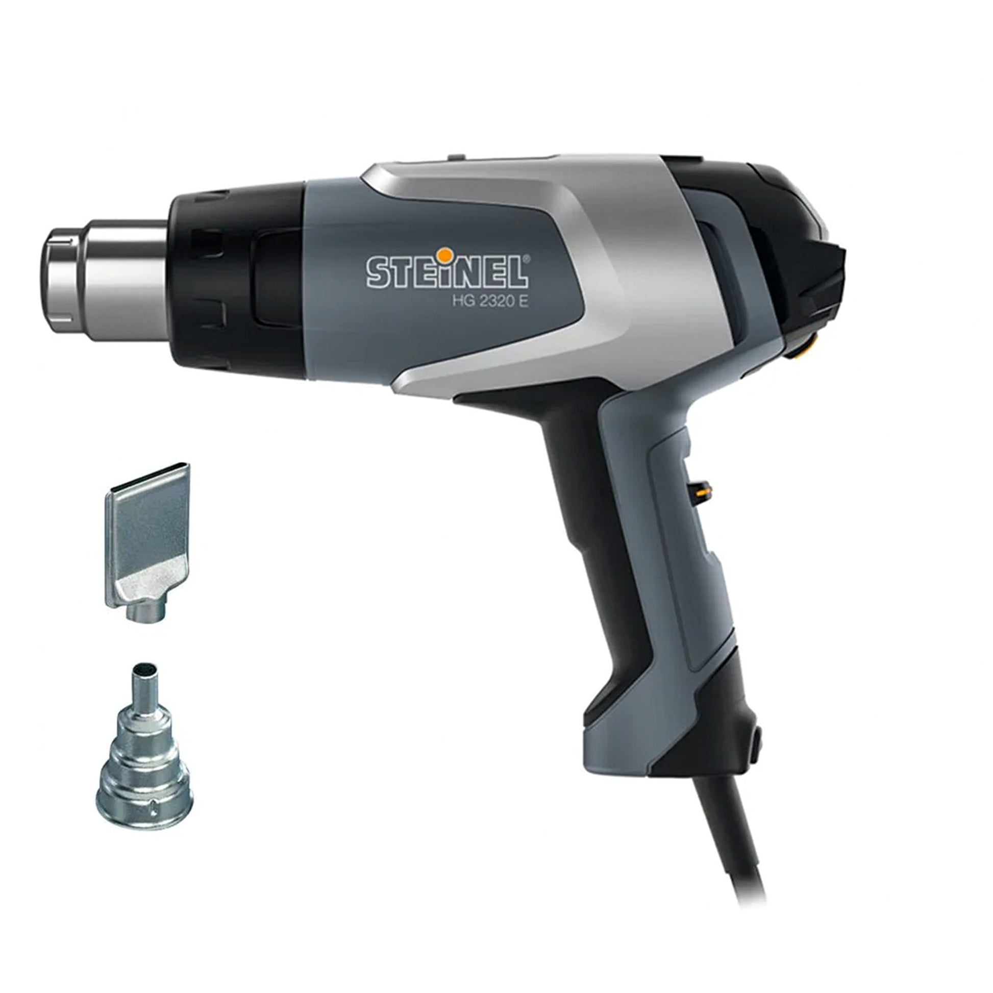 steinel hg2320e heat gun with adaptor and flat nozzle on a white background