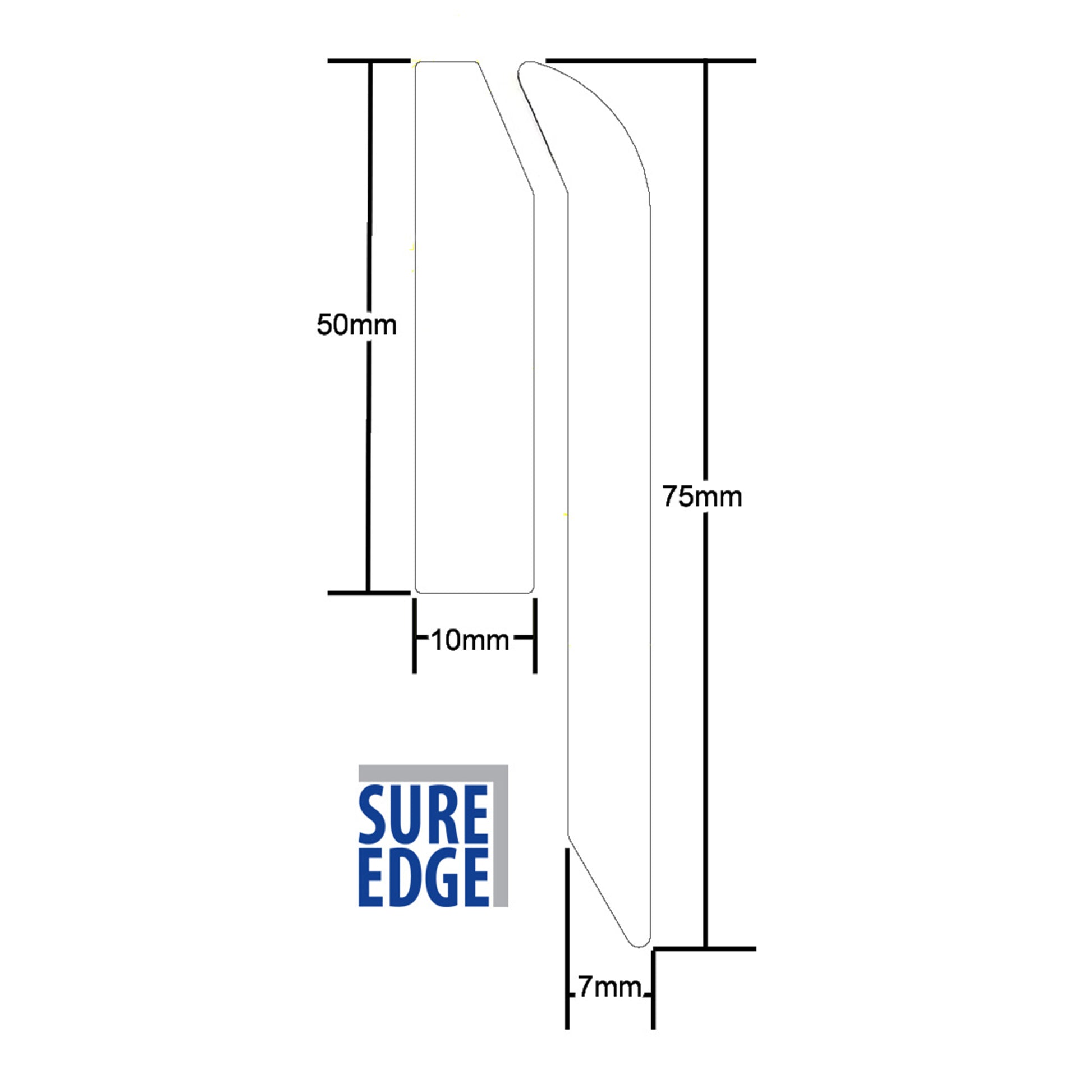 Measurement diagram of a Sure Edge drip trim for rubber roofing with dimensions labeled
